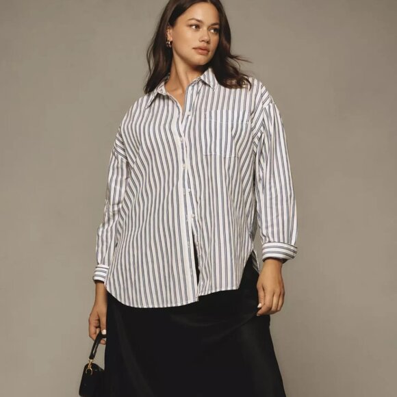 Anthropologie Maeve The Bennet Buttondown Shirt Top Indigo Stripe 1X 2X 3X NWT - Picture 1 of 8